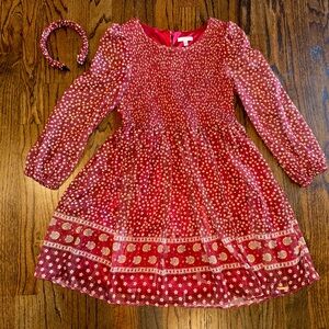 Girls burgandy fall dress size 7 flowers headband Tahari smocked button maroon